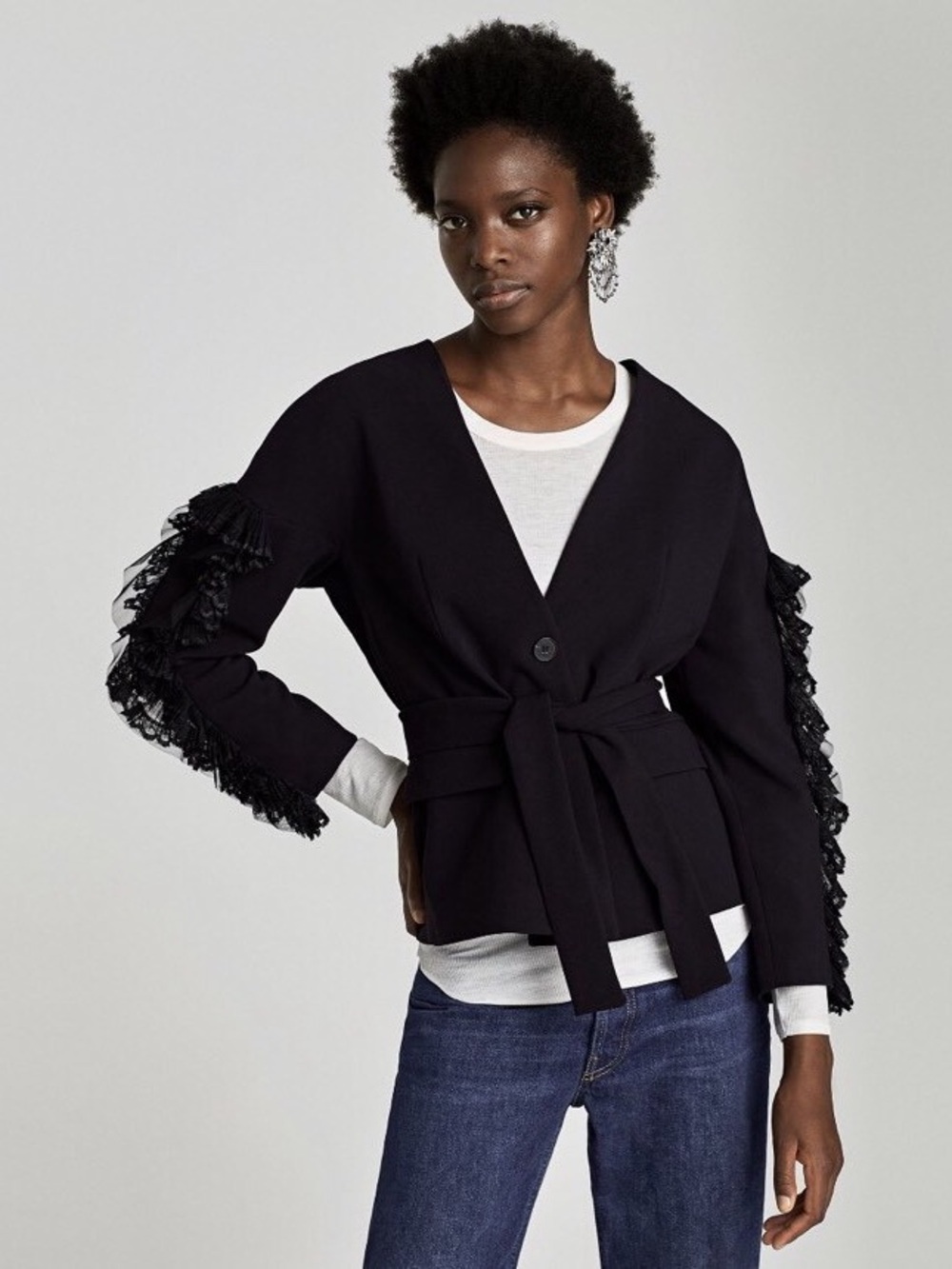 ZARA Women's RUFFLED JACKET WITH BUTTON DETAIL .